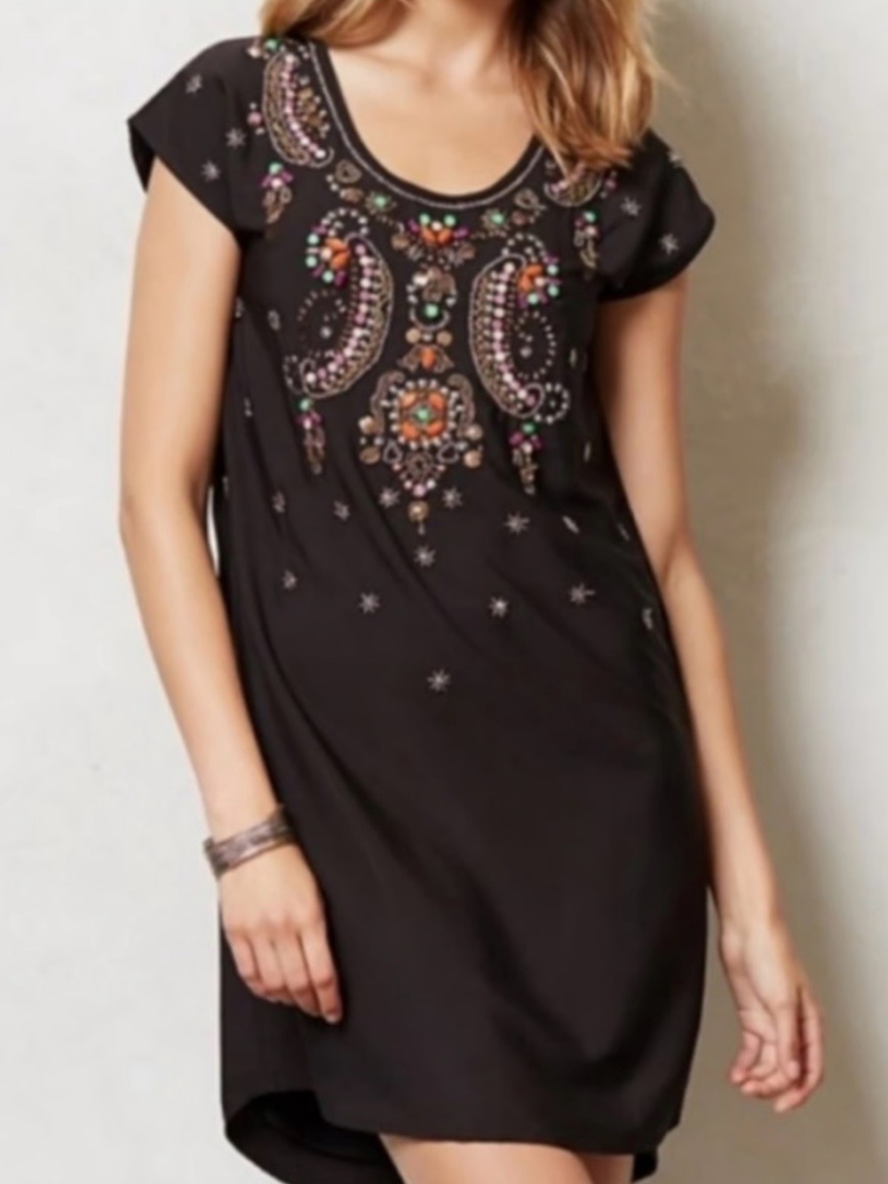 Anthropologie By Yumi Chiaroscuro Black Shift Beaded Jeweled Boho Dress - XL
